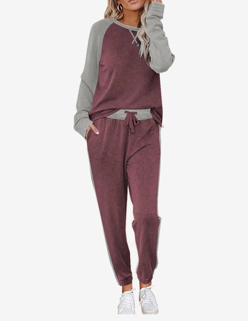 Burgundy long-sleeve pajama set, two-piece lounge set with drawstring waist pants