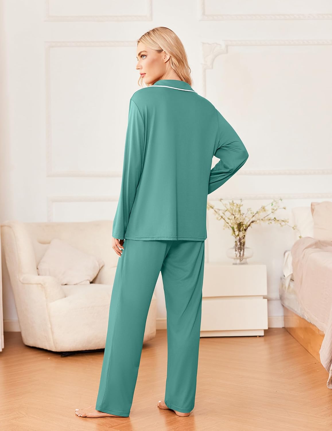 Back view of teal pajama set, long-sleeve top and matching pants