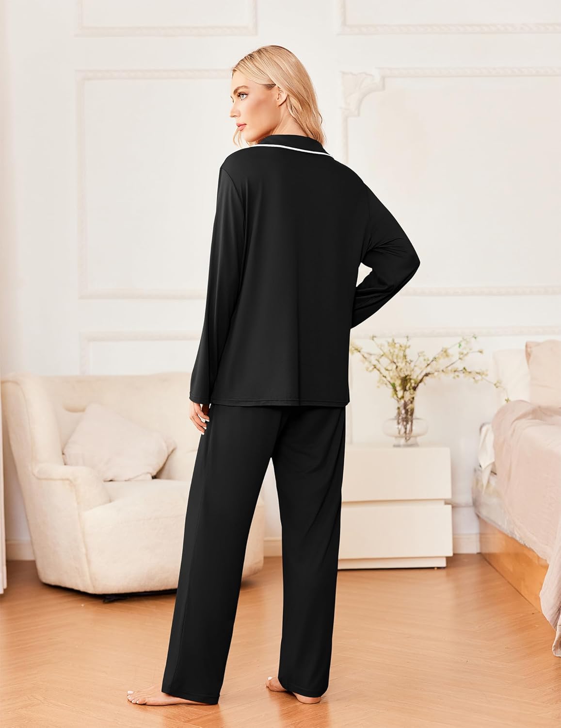 Black long-sleeve pajama set, matching button-up top and wide-leg trousers (back view)