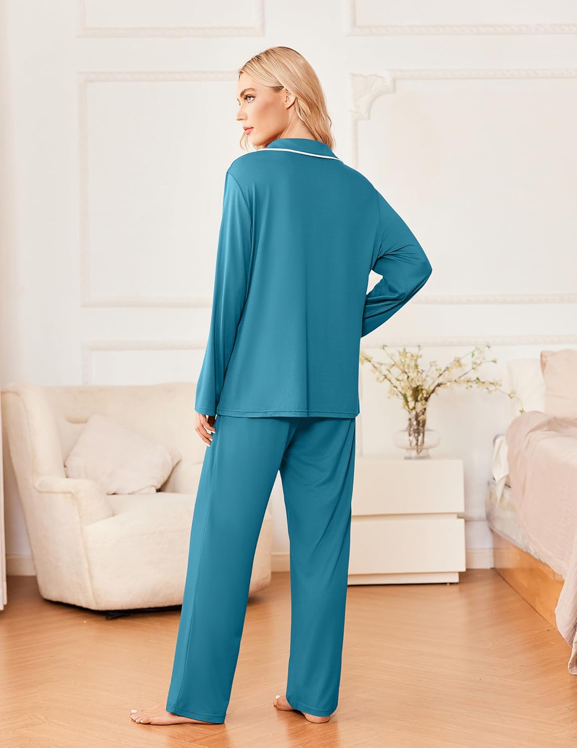 Teal long-sleeve button pajama top with matching wide-leg pants (back view)