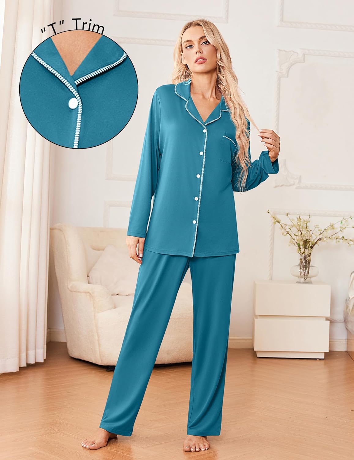 Teal 2-piece pajama set with long-sleeve button shirt and matching wide-leg pants