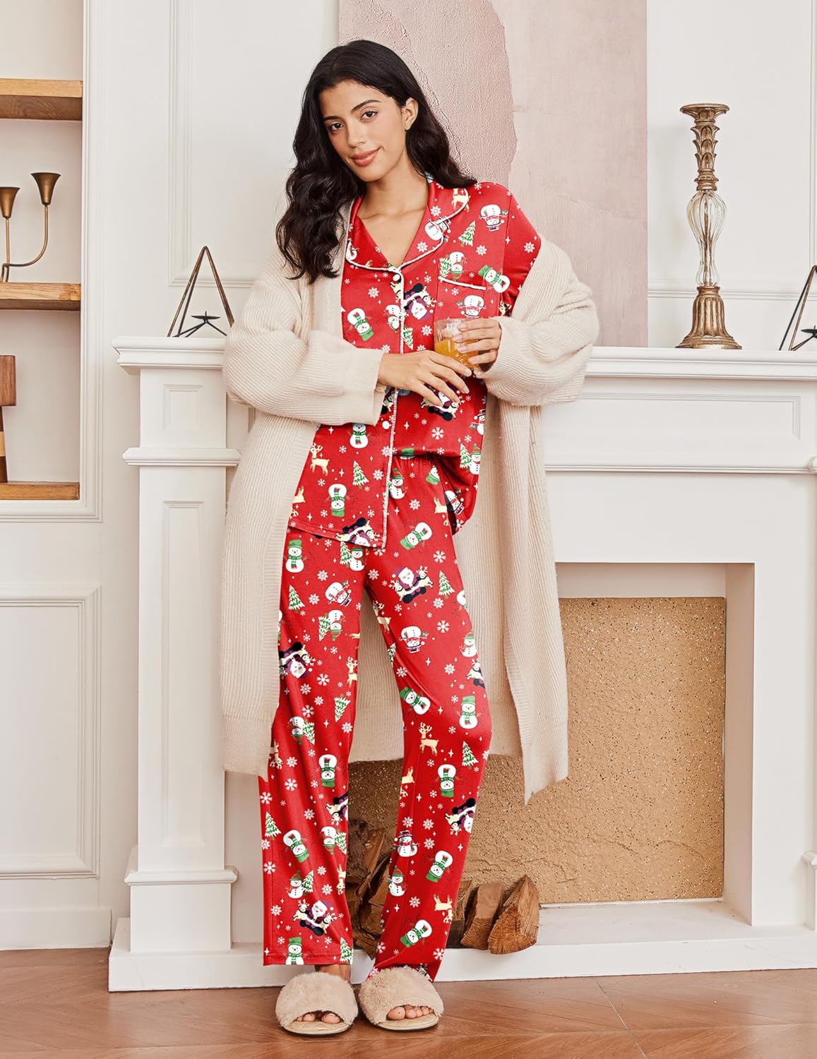 Red patterned pajama set with long-sleeve button shirt and wide-leg pants