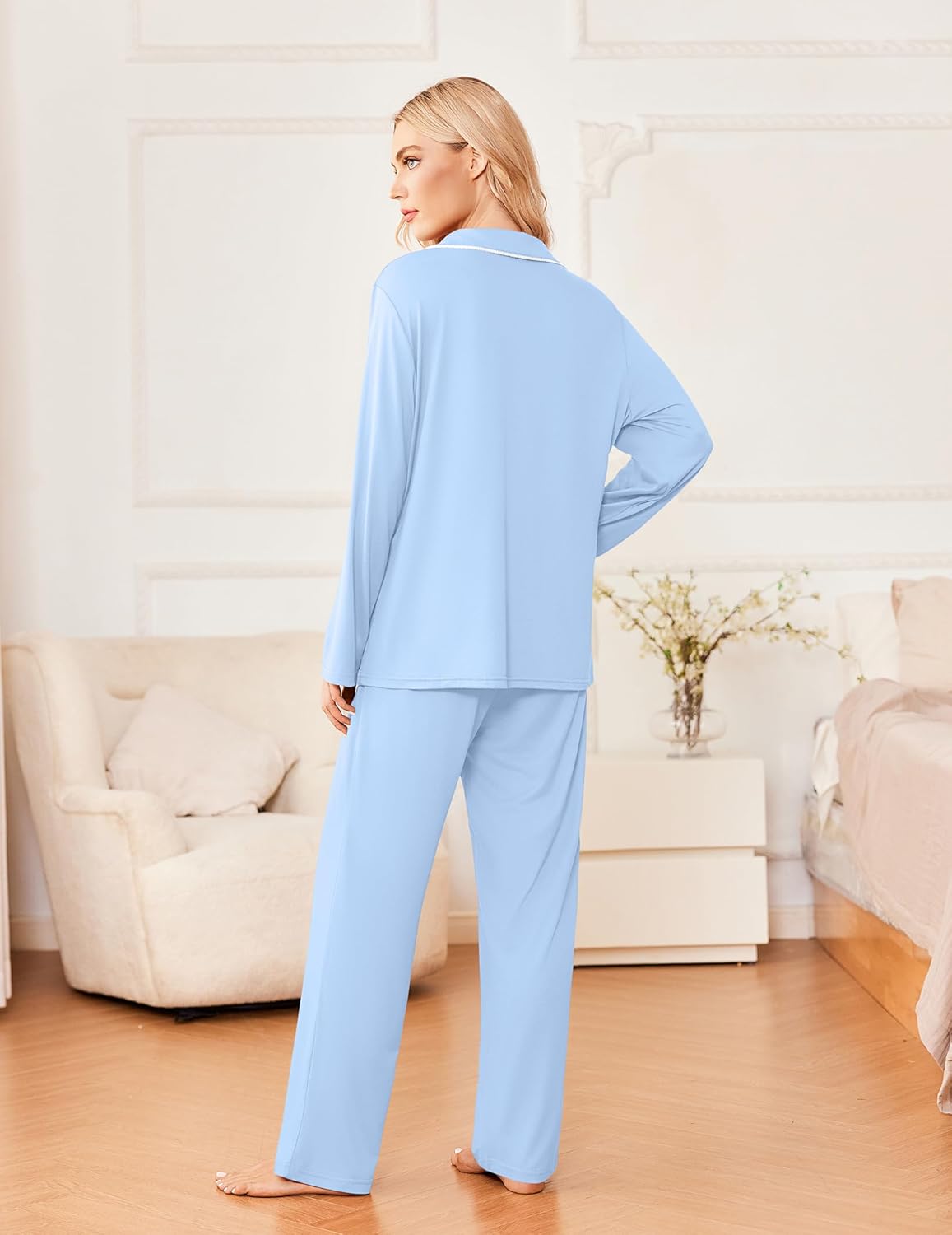 Light blue pajama set, long-sleeve top and wide-leg lounge pants from back view