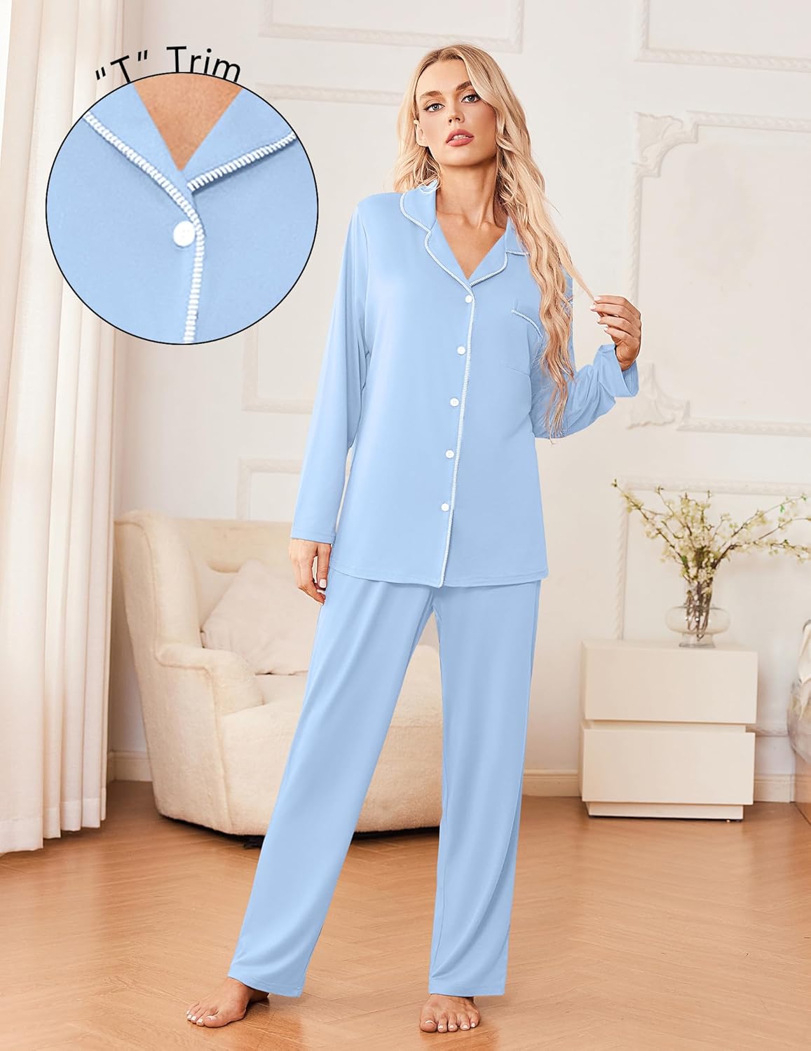 Light blue 2-piece pajama set with button-front long-sleeve top and matching pants
