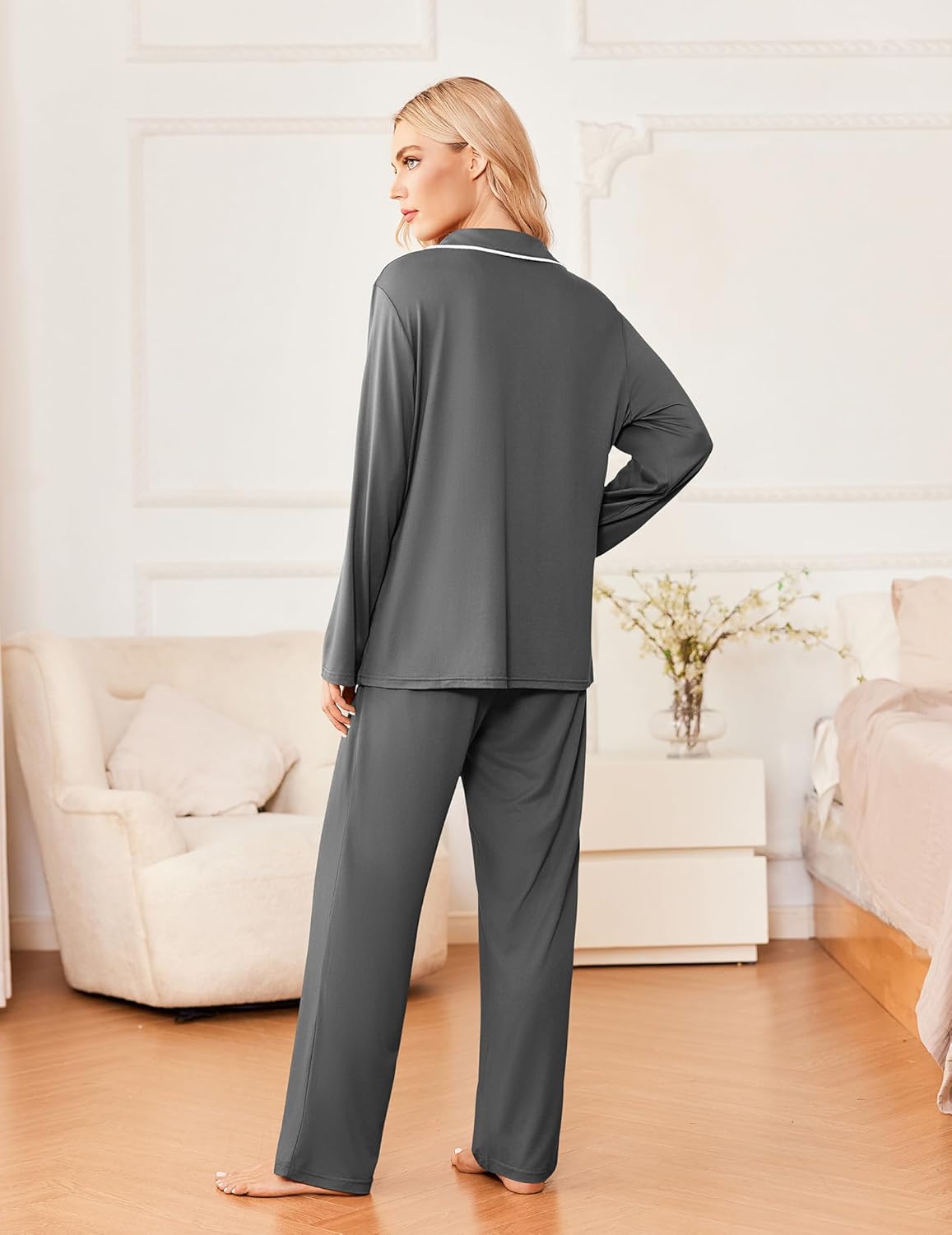Dark gray long-sleeve pajama set, matching button-up top and wide-leg trousers (back view)