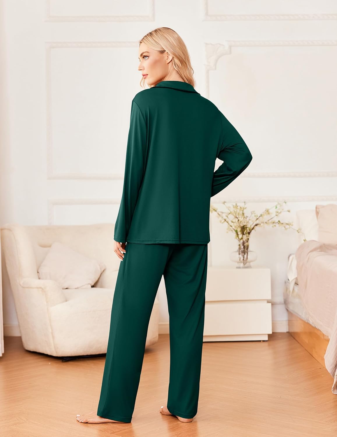 Dark green 2-piece pajama set with long-sleeve button top and matching pants