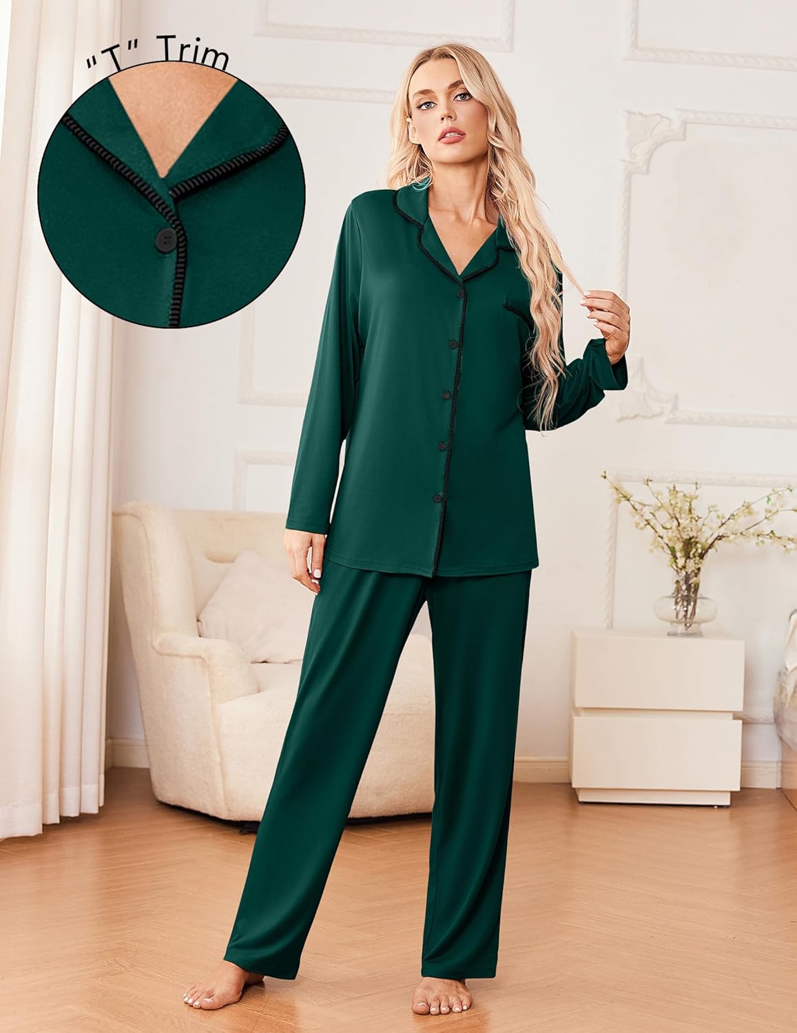 Green 2-piece pajama set with long sleeves, button-front top and wide-leg pants