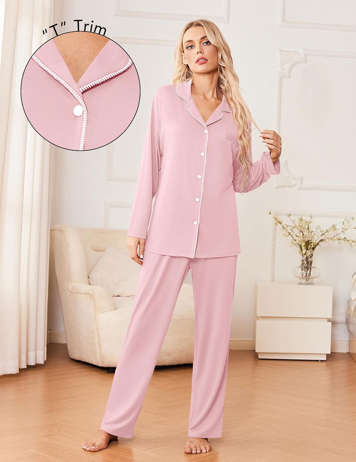 Blush pink 2-piece pajama set with long-sleeve button shirt and straight pants