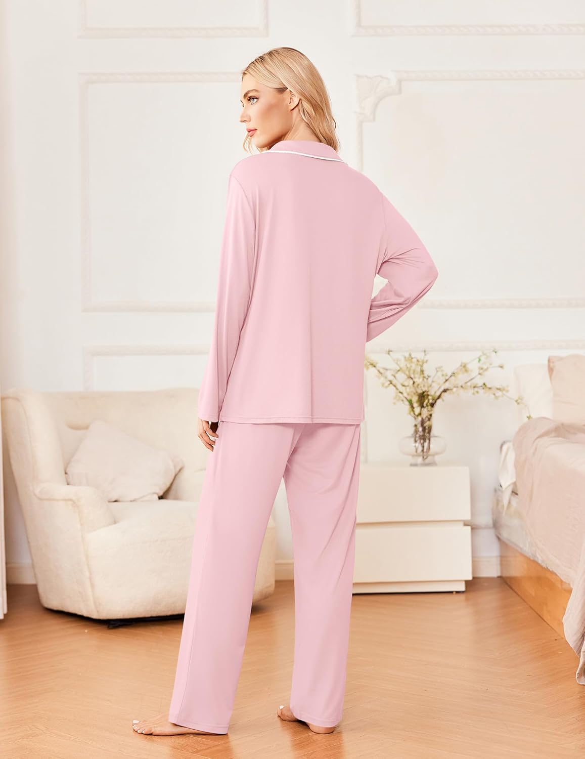 Blush pink long-sleeve button pajama top and matching wide-leg pants (back view)