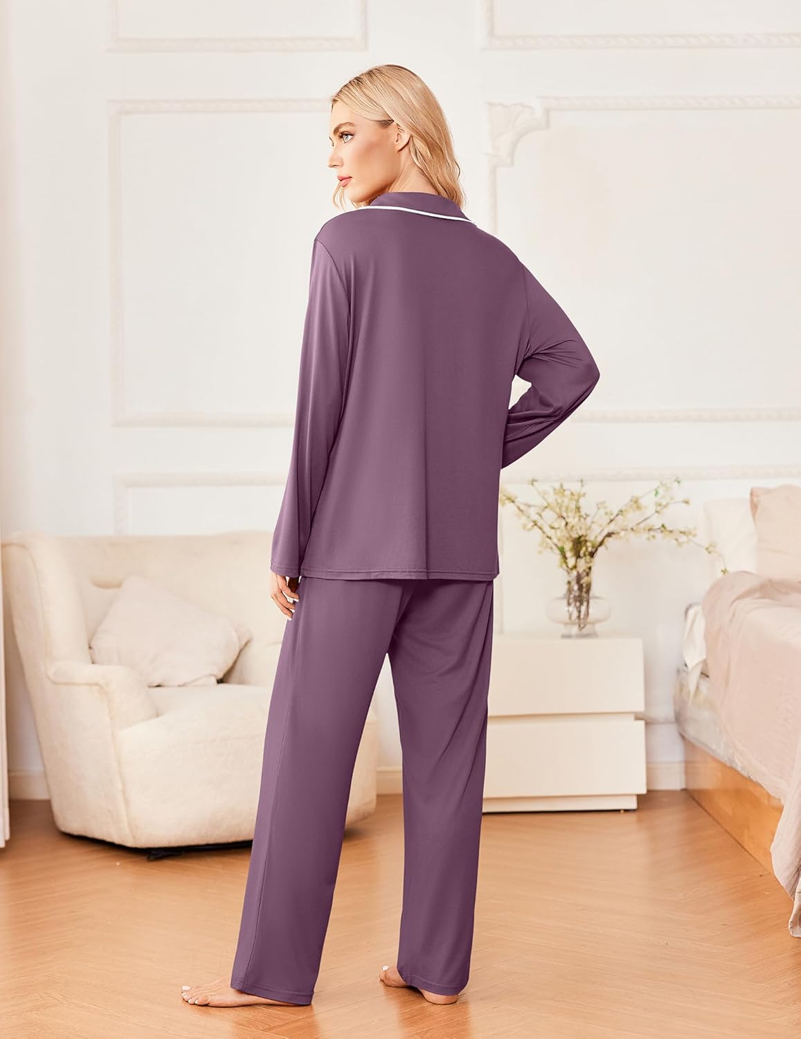 Back view purple pajama set with long sleeves and matching lounge pants
