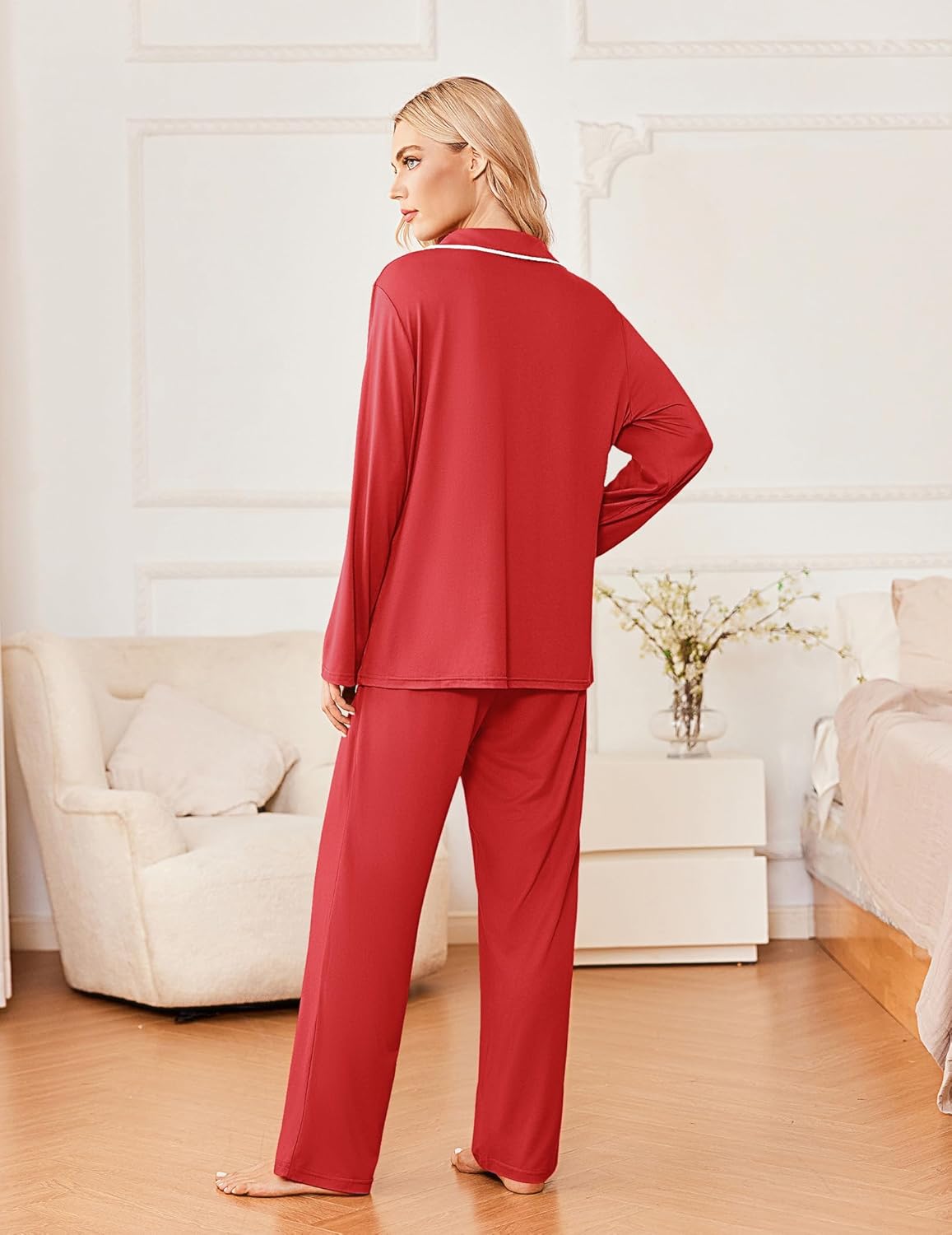 Red long-sleeve pajama top and pants set, button front, relaxed fit
