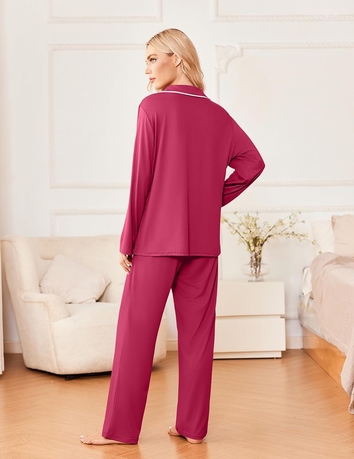 Rose-red pajama top and pants set with button front; back view, trim detail