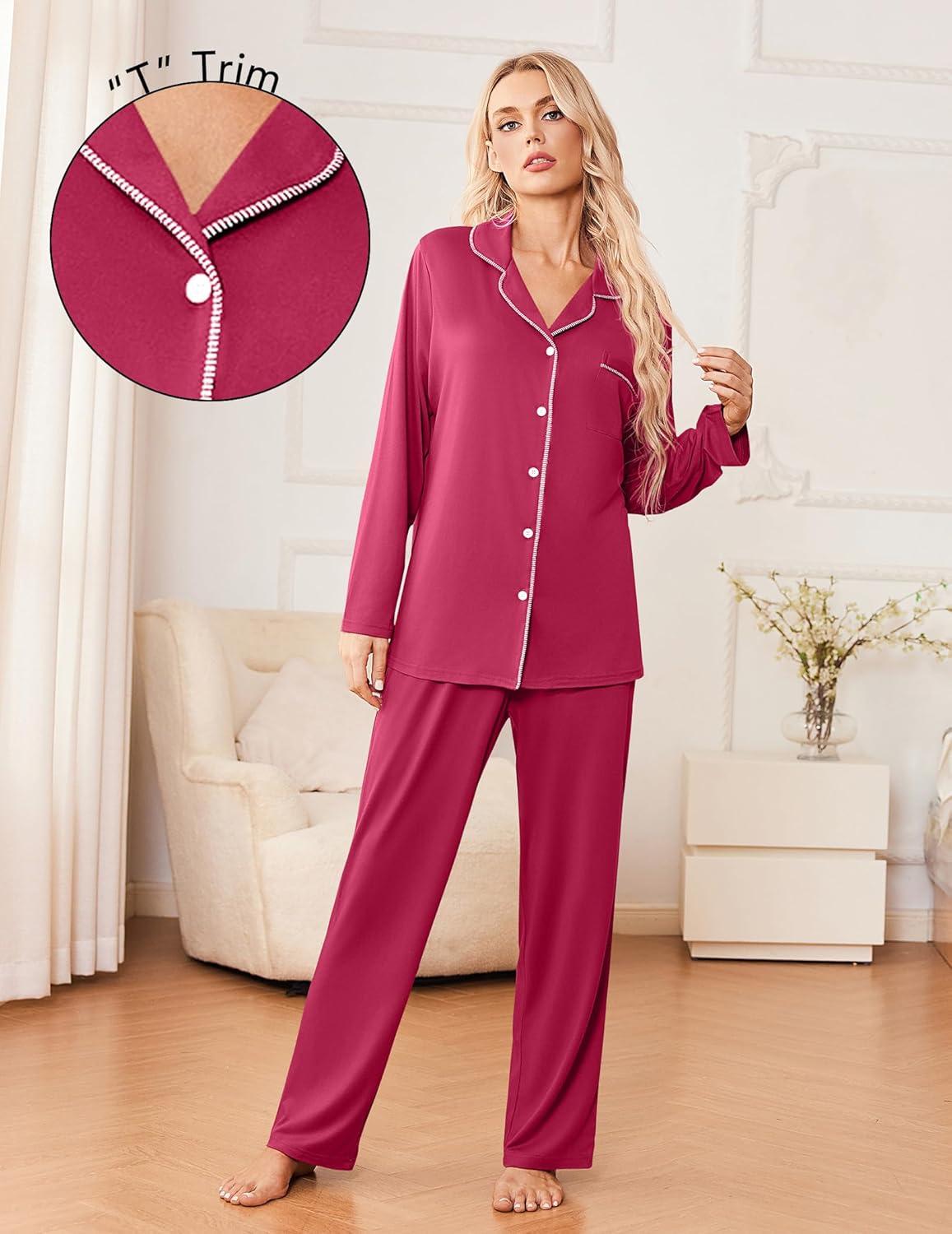 Berry-colored pajama set with button front and contrast piping; trim detail circle
