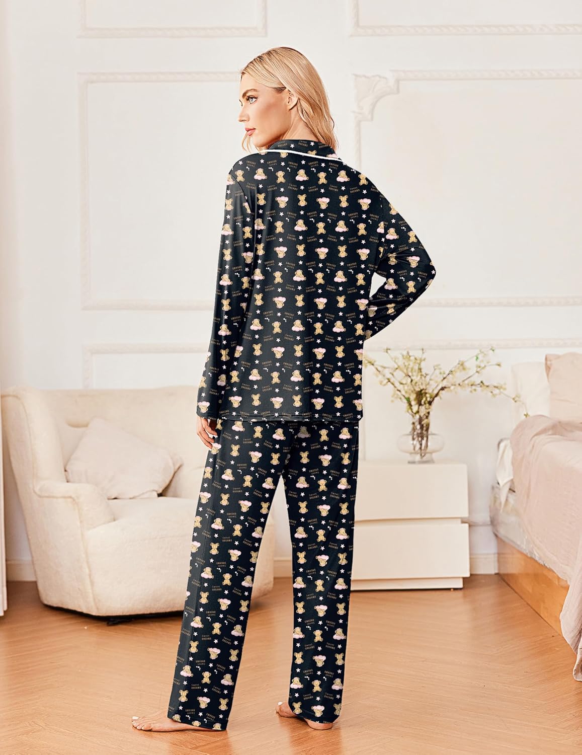 Back view pajama set, long-sleeve button top and matching pants in dark navy pattern