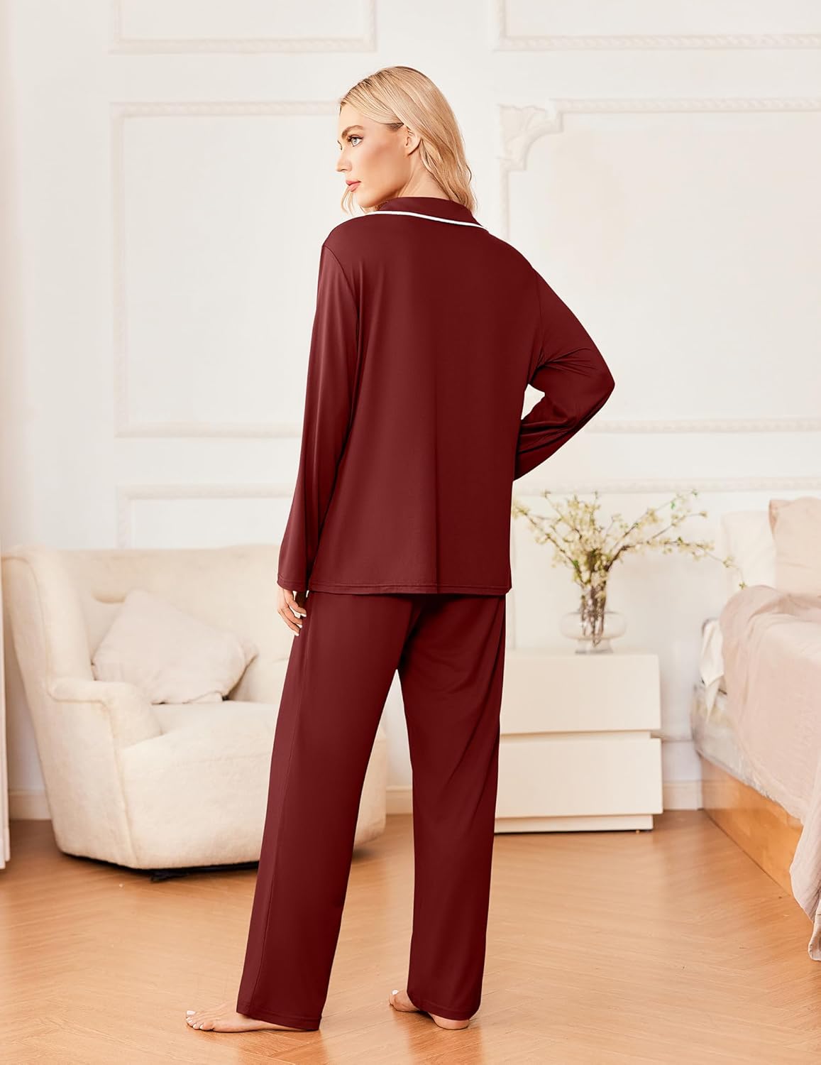 Wine red 2-piece pajama set with long-sleeve button shirt and matching wide-leg pants
