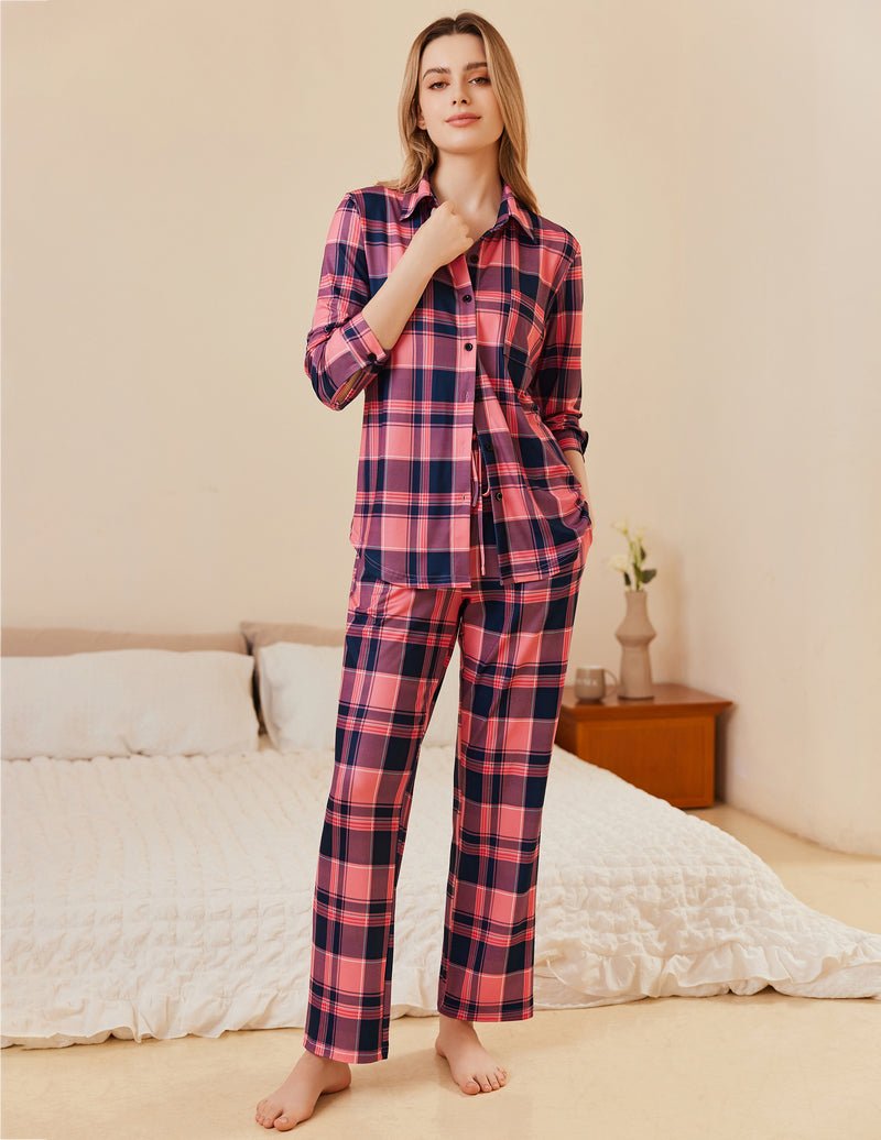 Purple and pink plaid button-down pajama set, long sleeves with drawstring pants