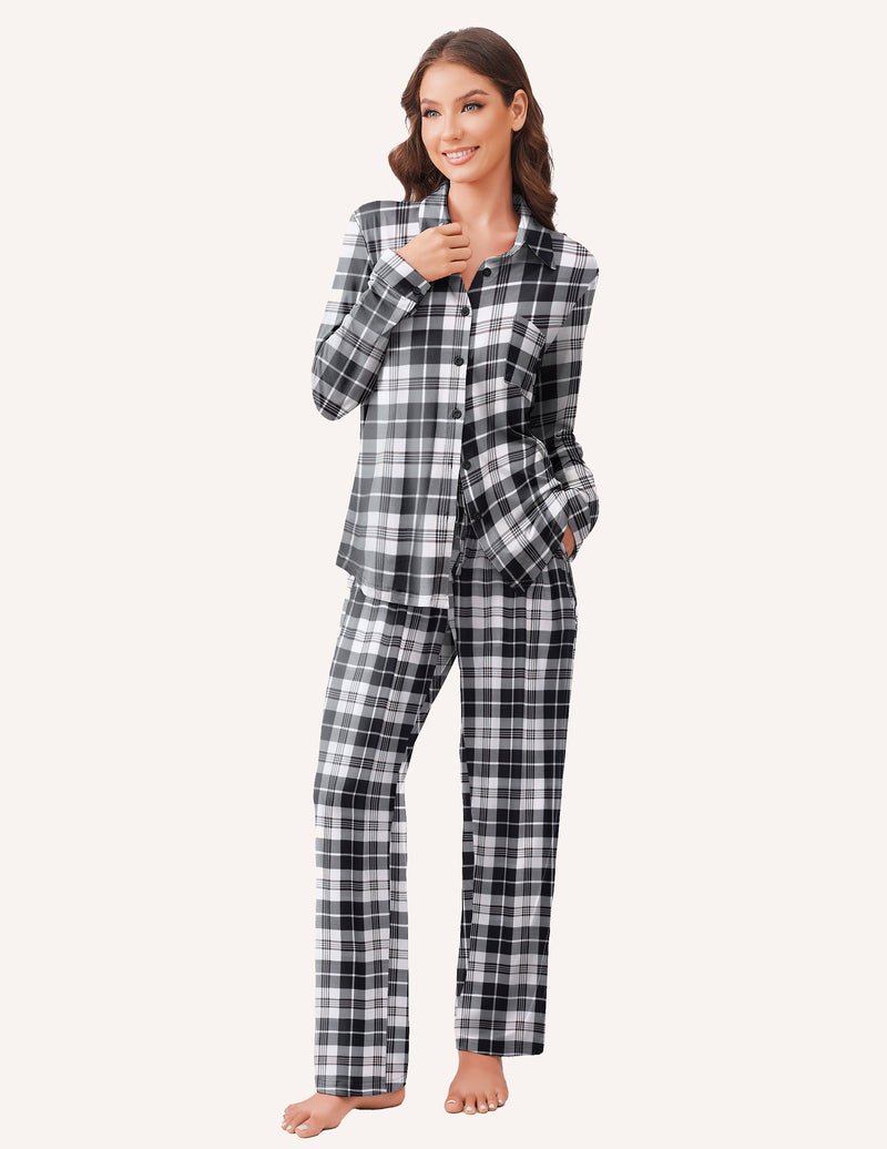 Black and gray plaid button-down pajama set with long sleeves and drawstring pants
