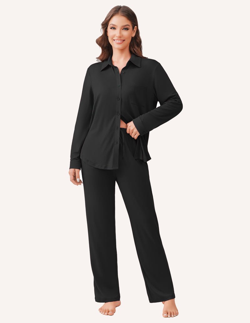 Black button-down long-sleeve pajama set with matching straight-leg pants