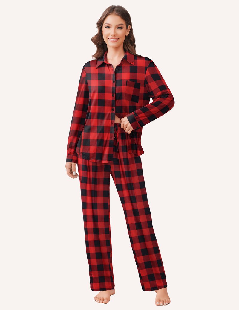 Rot-schwarzes Karomuster Pyjama-Set mit Knopfkragen, langarm und Hose