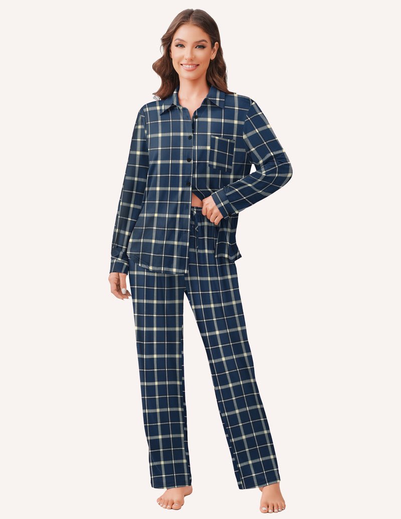 Navy plaid button-down long-sleeve pajama set with chest pocket and matching pants