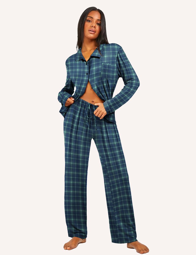 Blue and green plaid button-down long-sleeve pajama set with drawstring waist pants
