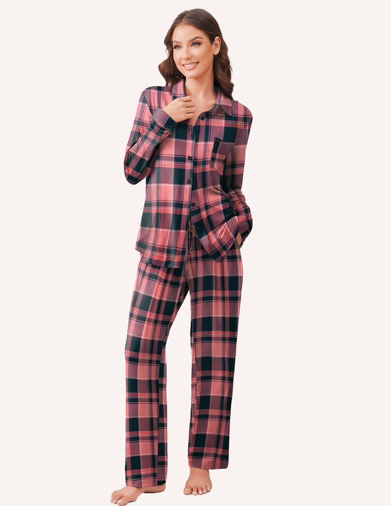 Blau-grünes Karomuster Pyjama-Set mit Brusttasche, Knopfleiste und langer Hose