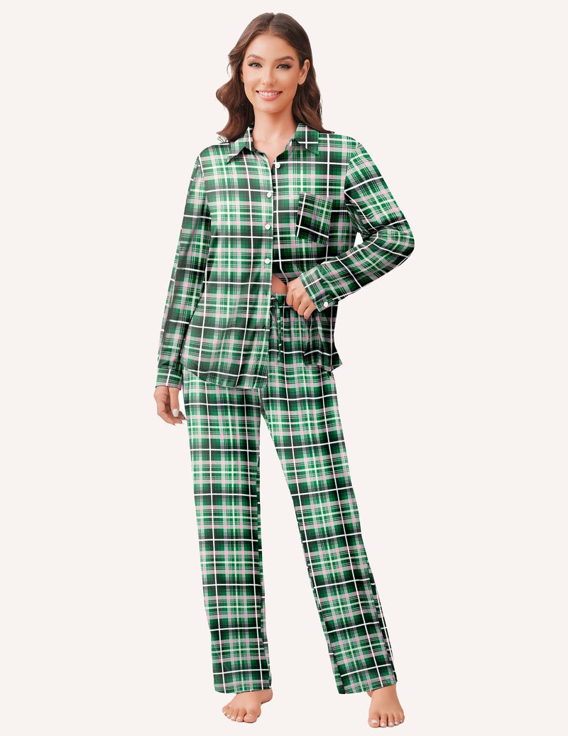 Grün kariertes Pyjama-Set mit Knopfkragen, Brusttasche und langem Beinschnitt