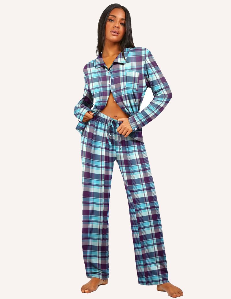 Purple and blue plaid button-down pajama set with long sleeves and relaxed pants