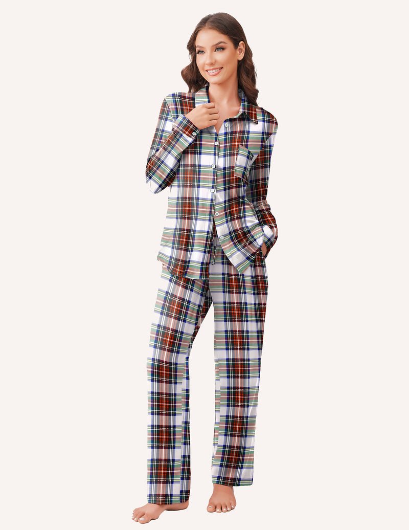 Multicolor plaid button-down pajama set with long sleeves and matching drawstring pants