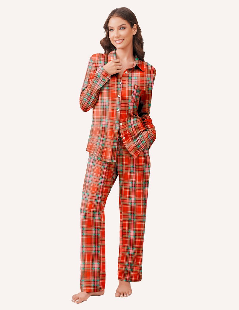 Orange plaid button-down pajama set with long sleeves and matching drawstring pants