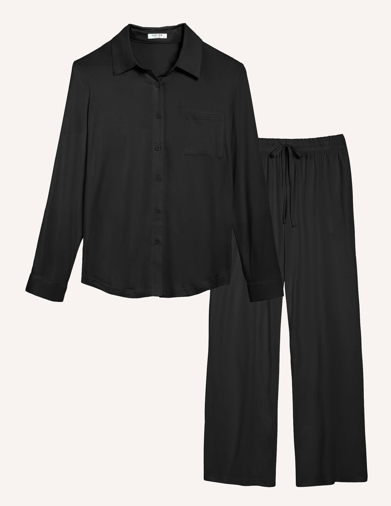 Schwarzes Button-down Pyjama-Set mit Brusttasche und weiter langer Hose