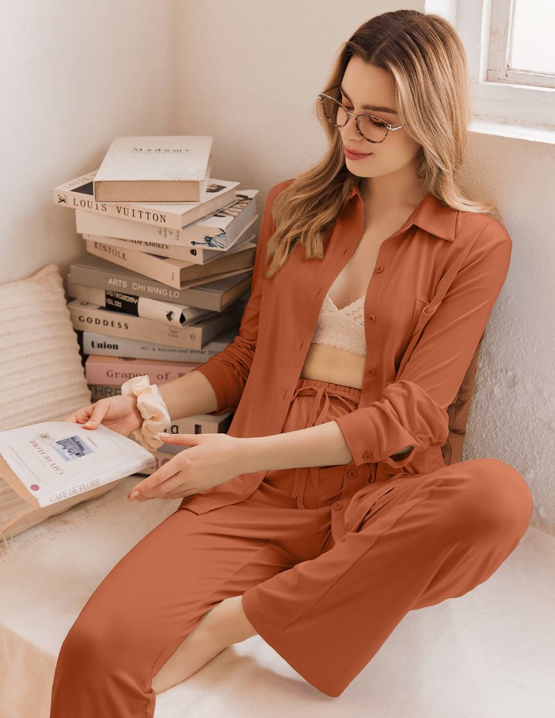 Caramel pajama set, long-sleeve button-down top and matching drawstring pants