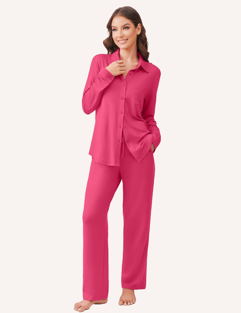 Rosarotes Pyjama-Set mit Knopfkragen, Langarmoberteil und lockerer langer Hose