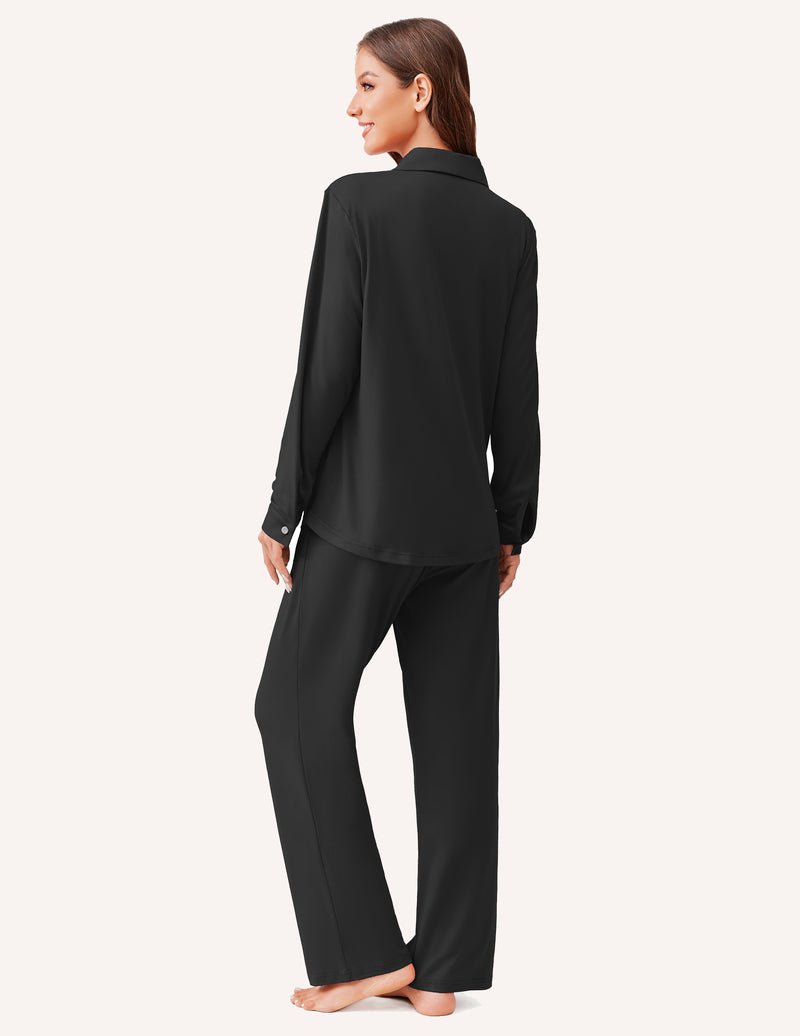 Schwarzes Pyjama-Set mit Knopfkragen und langen Hosenbeinen, Rückansicht