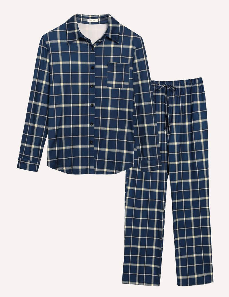 Blue plaid pajama set, button-front long-sleeve shirt and elastic-waist drawstring pants