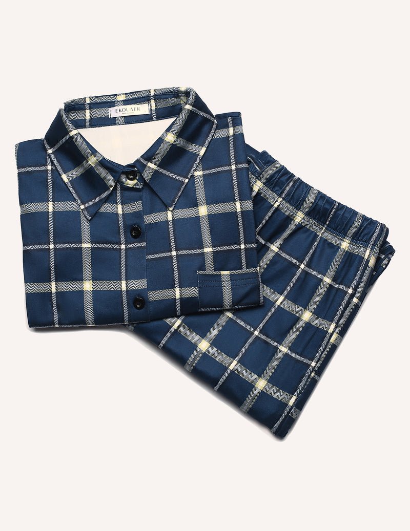Blue plaid pajama set with long-sleeve button-front shirt and drawstring pants