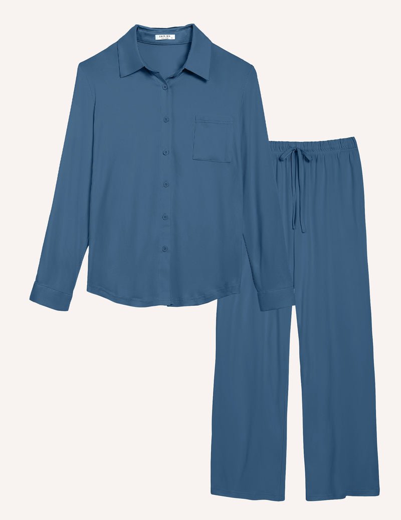 Blue pajama set, long-sleeve button-down shirt and loose drawstring pants