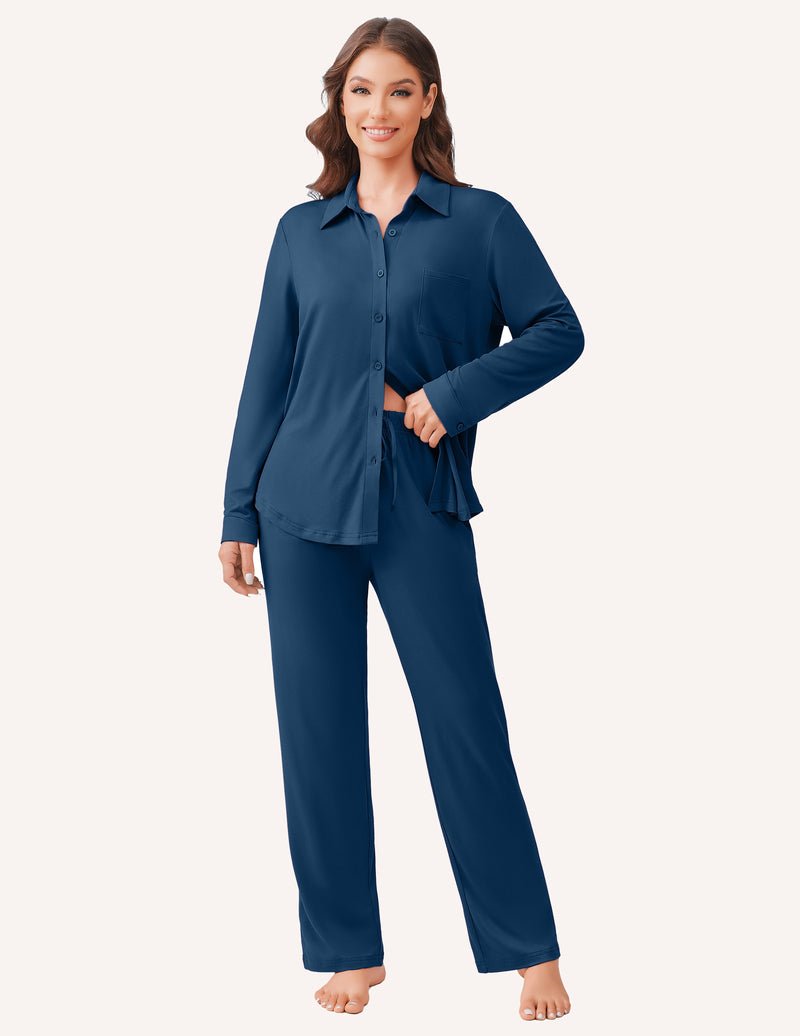 Navy pajama set, long-sleeve button-down shirt and straight-leg drawstring pants