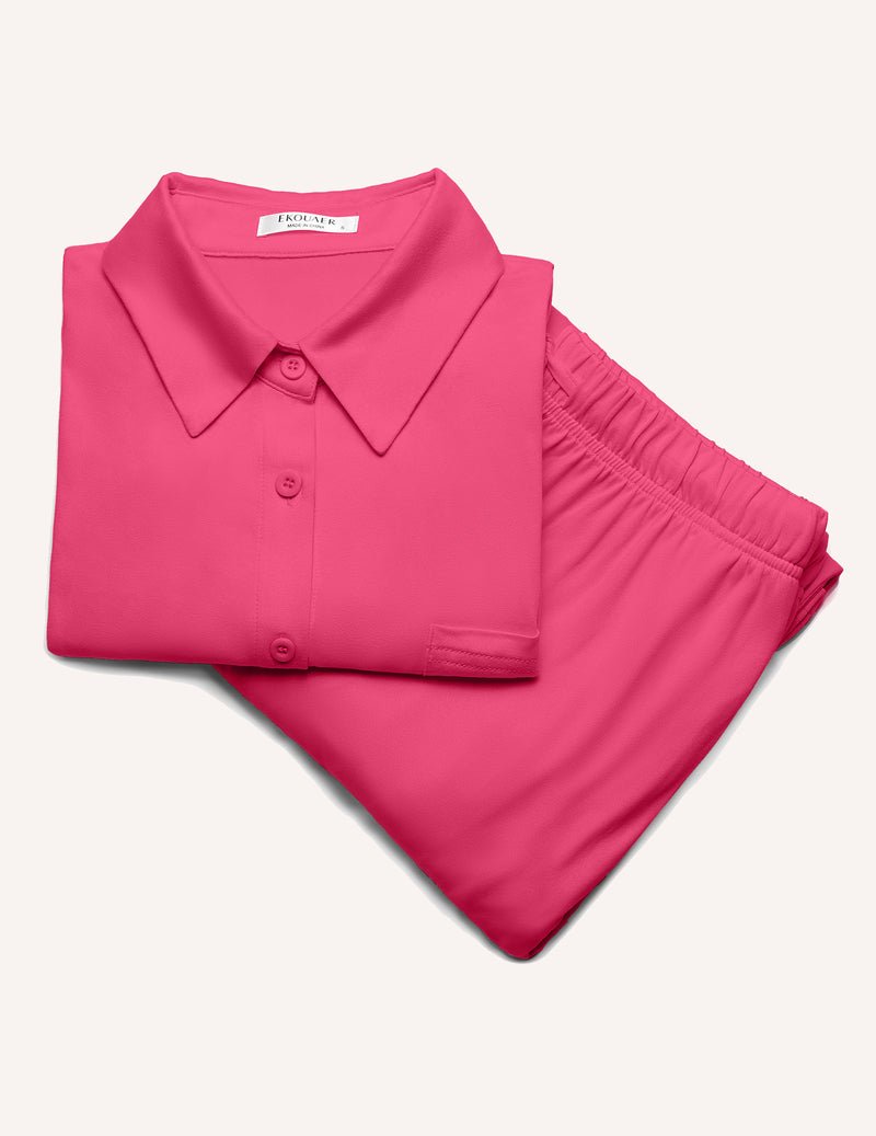 Pink pajama set, long-sleeve button-down top and elastic drawstring waist pants