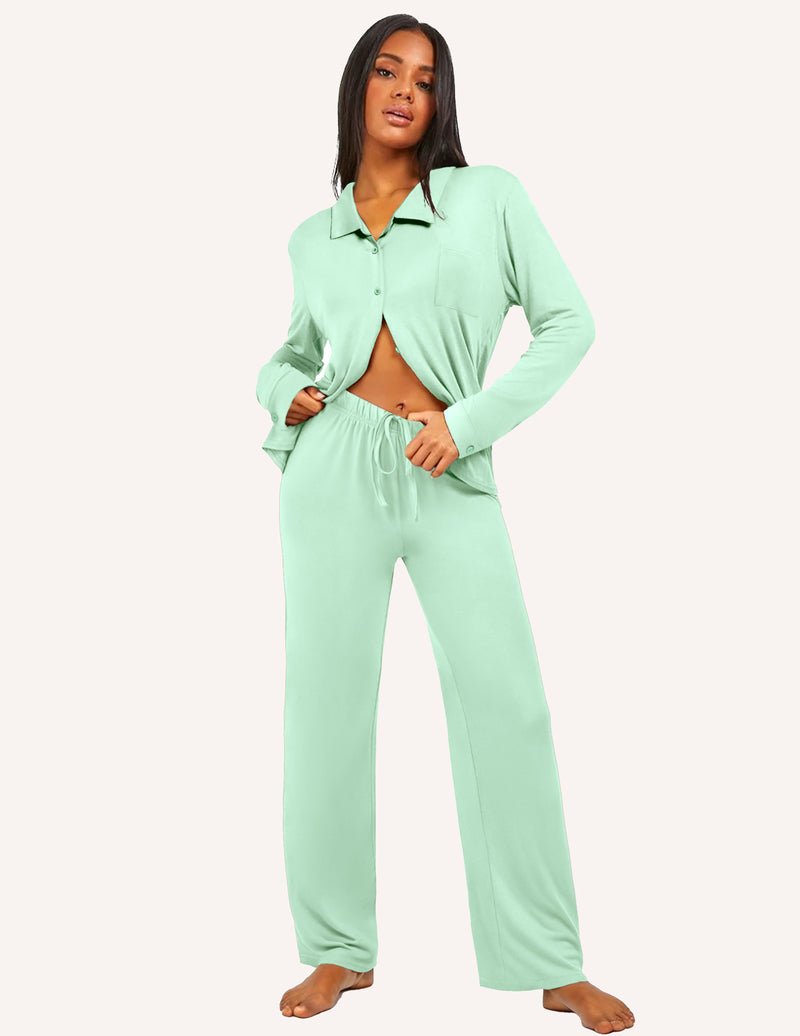 Mint green pajama set, long-sleeve button-down top and matching drawstring pants