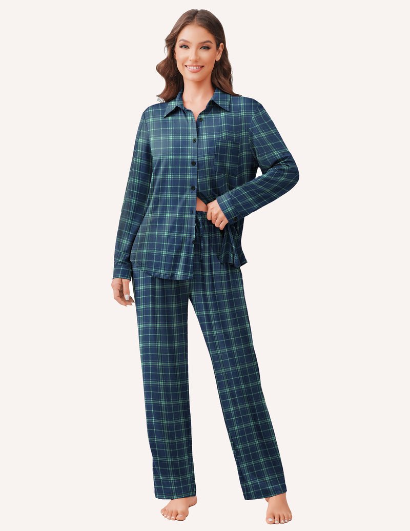 Teal plaid pajama set, long-sleeve button shirt and drawstring pants