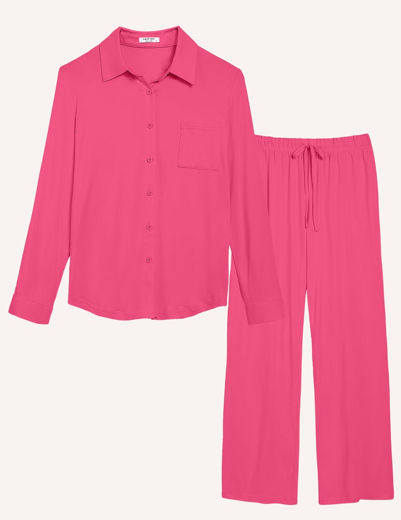 Rose-pink pajama set, long-sleeve button-down shirt and wide-leg drawstring pants
