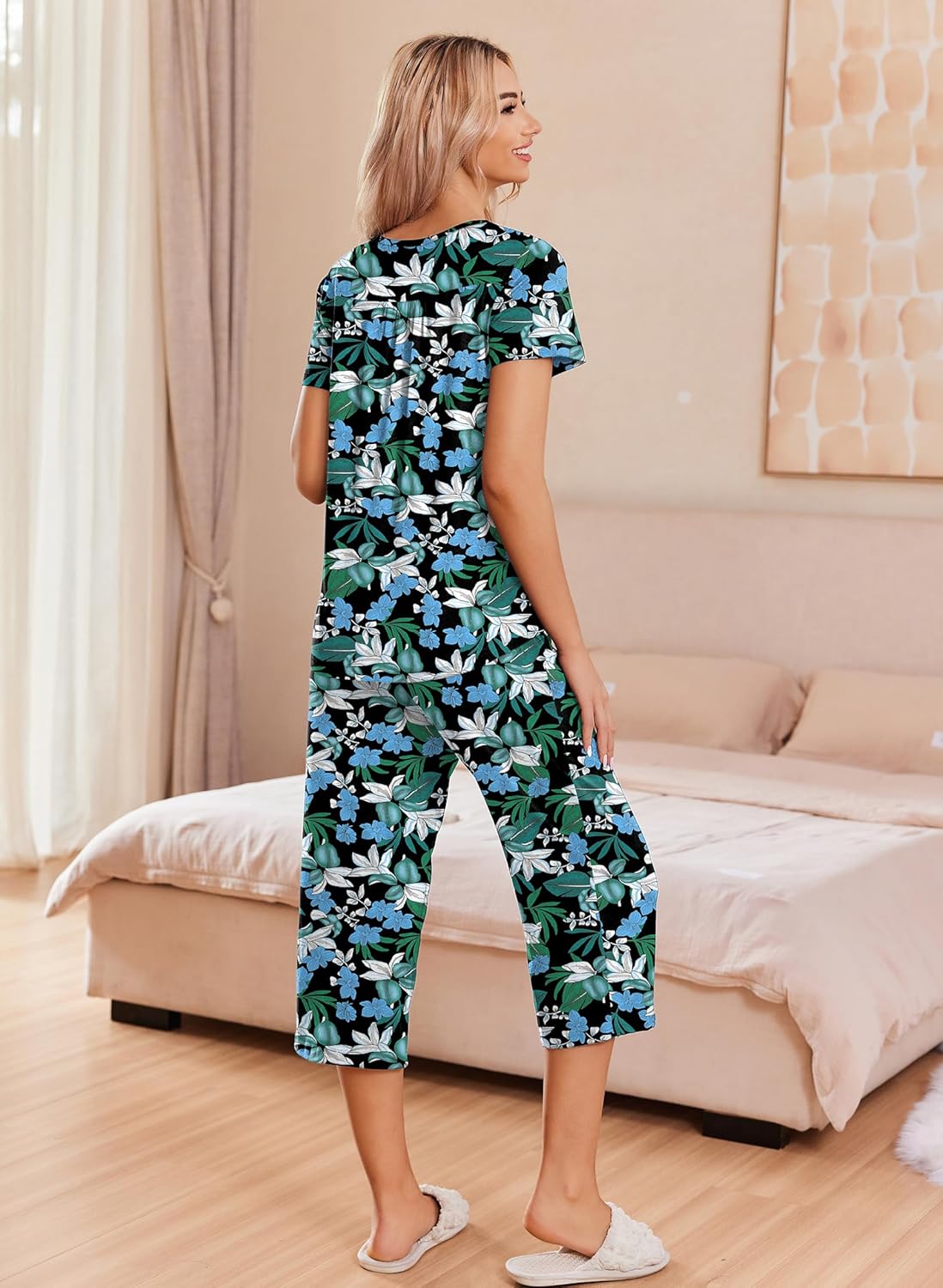 Floral pajama set with button-up top and matching capri pants, short sleeves