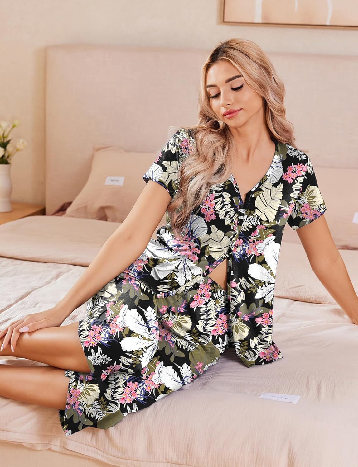 Floral print pajama set with button-front V-neck top and capri pants