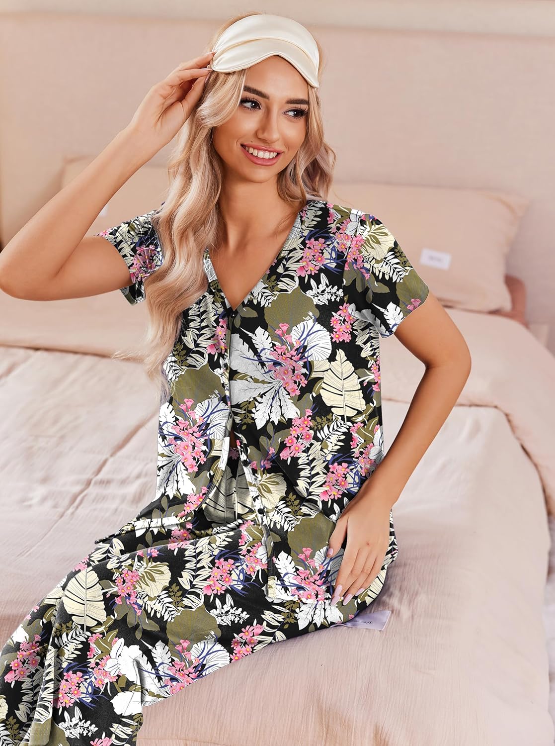 Floral print pajama set with button-front V-neck top and capri pants