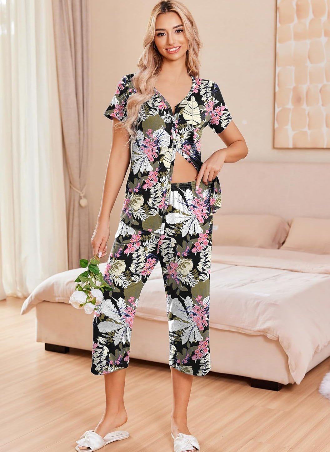 Floral print pajama set with button-front short-sleeve top and capri pants