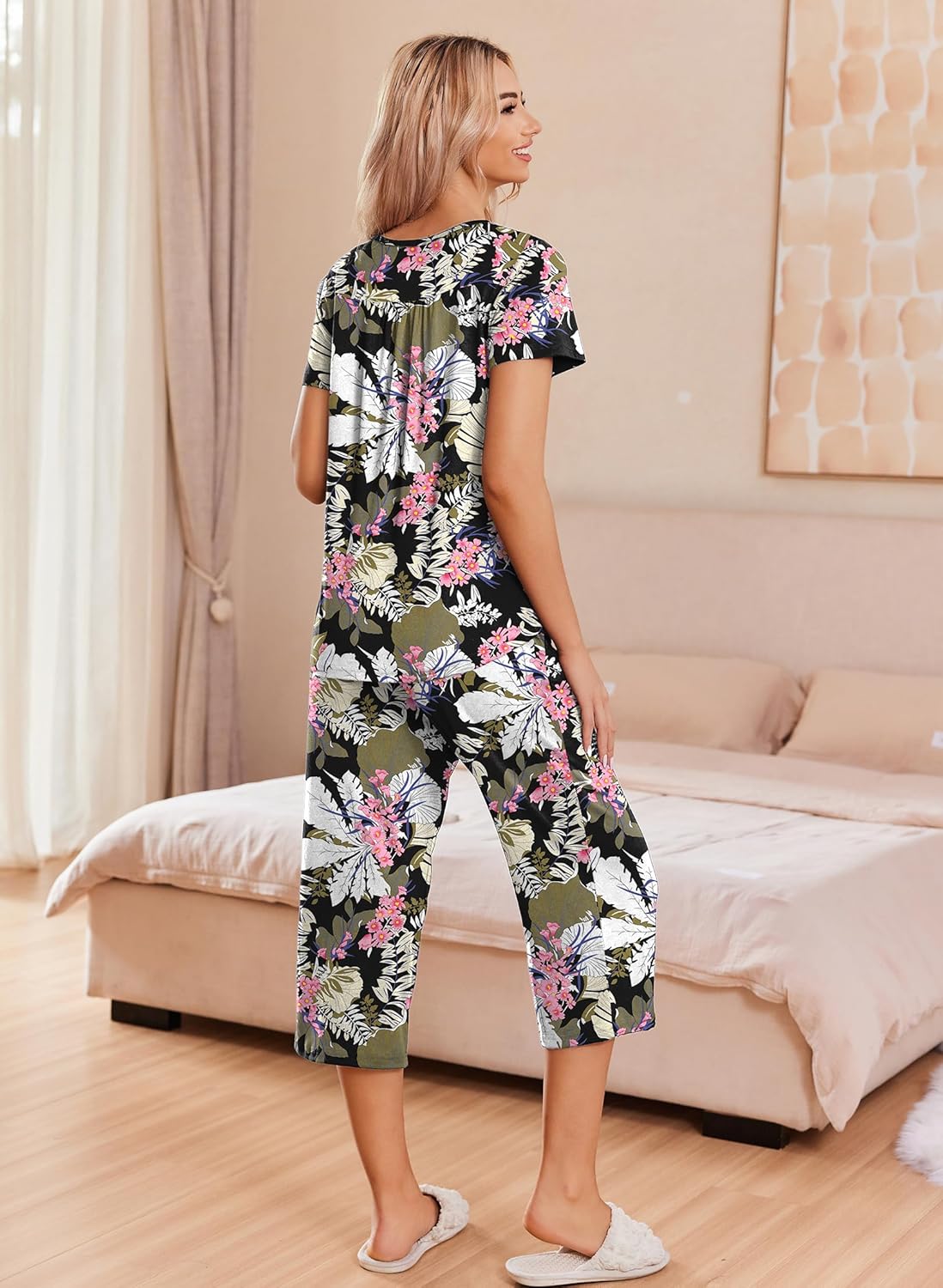Floral print pajama set with button-front short-sleeve top and capri pants, rear