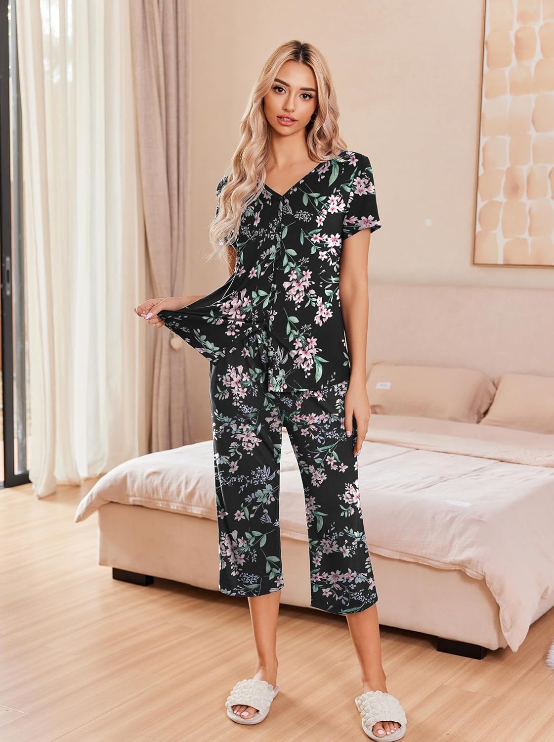 Black floral pajama set, button-up V-neck top with capri pants