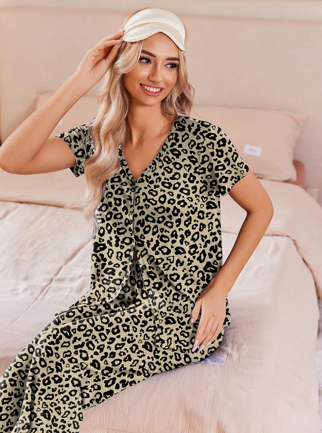 Leopard print pajama set with button-front V-neck top and capri pants