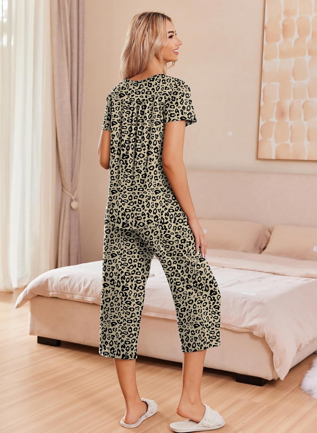 Leopard print pajama set with button-front short-sleeve top and capri pants